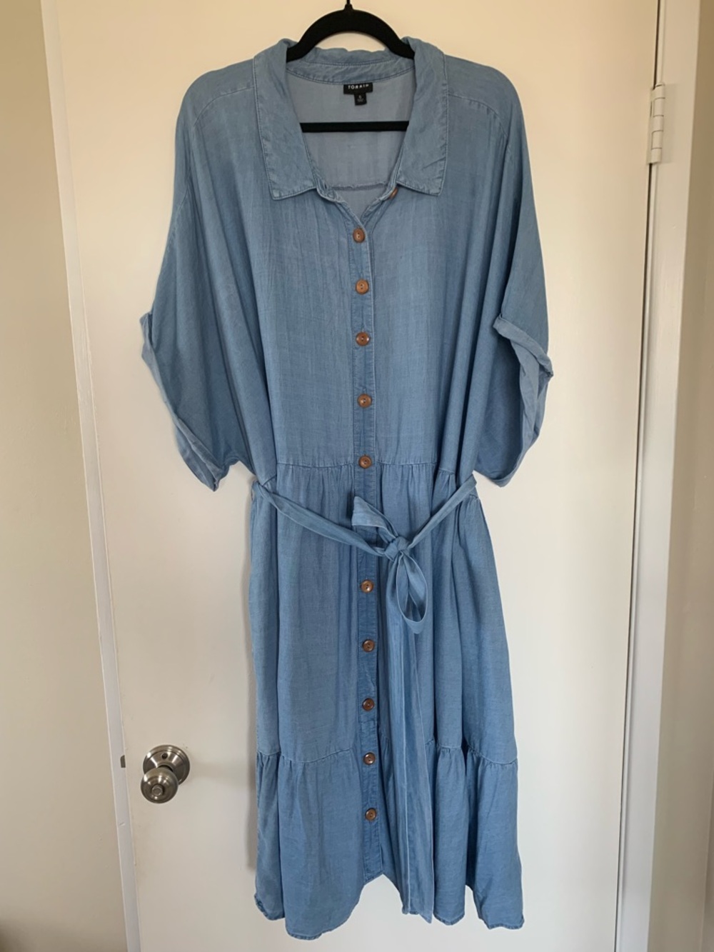 Torrid Plus Sz 6 Blue Lyocell Chambray Tiered Babydoll Button Shirt Dress Denim